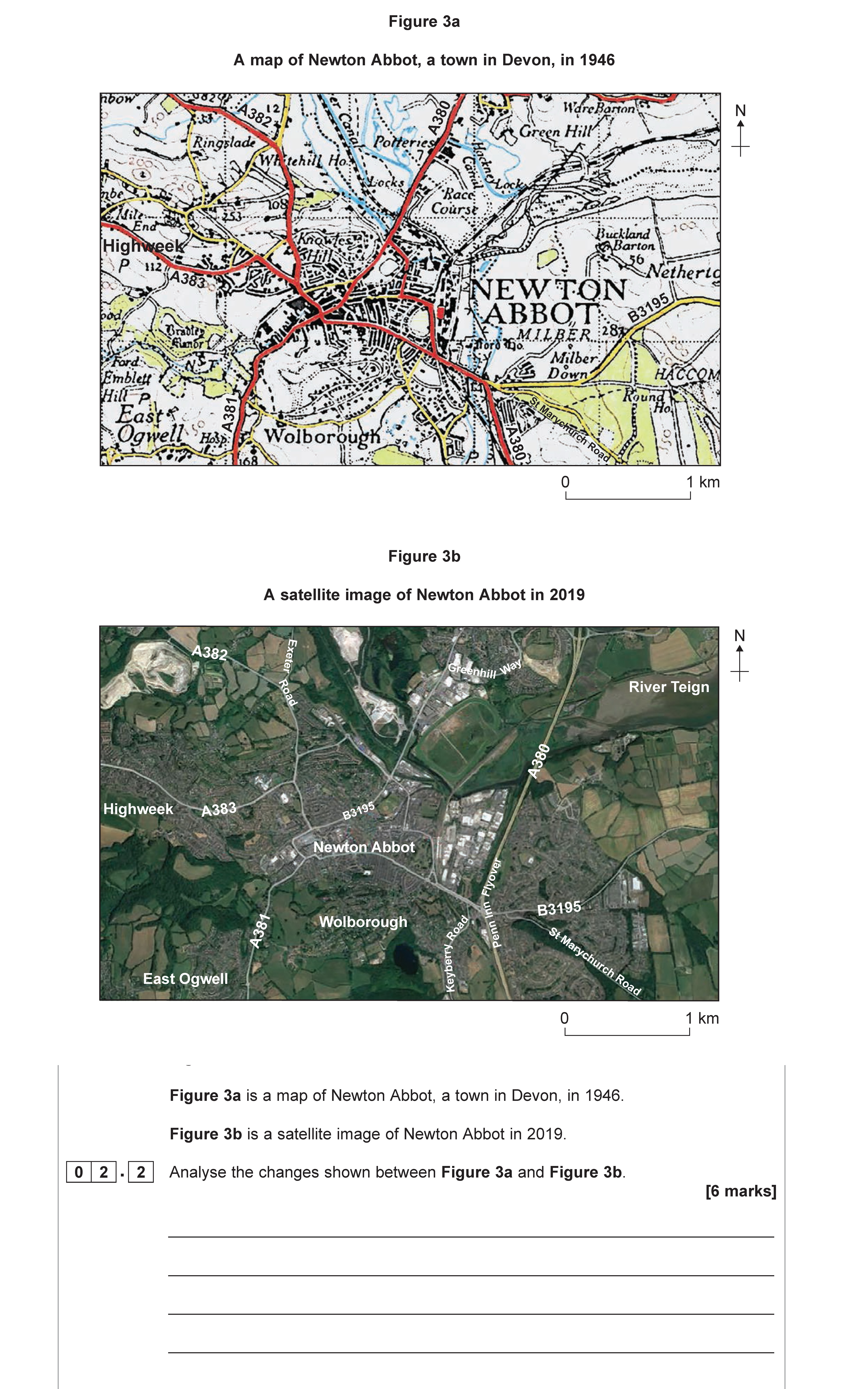 Figure-3a-is-a-map-of-Newton-Abbot,-a-town-in-Devon,-in-1946-AQA-A-Level Geography-Question 2-2022-Paper 2.png